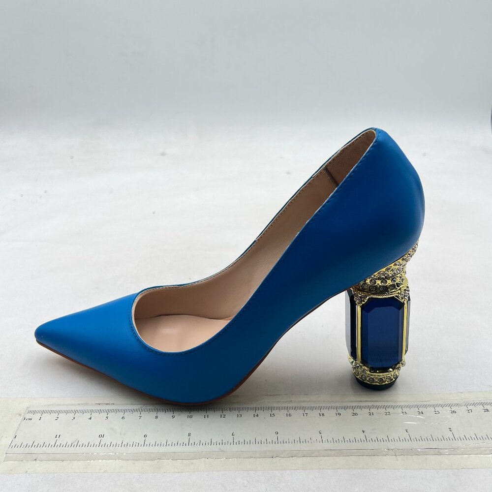 FSJ Blue Bridal Pointed Toe Chunky High Heel Crystal Pumps Slip on Wedding Shoes